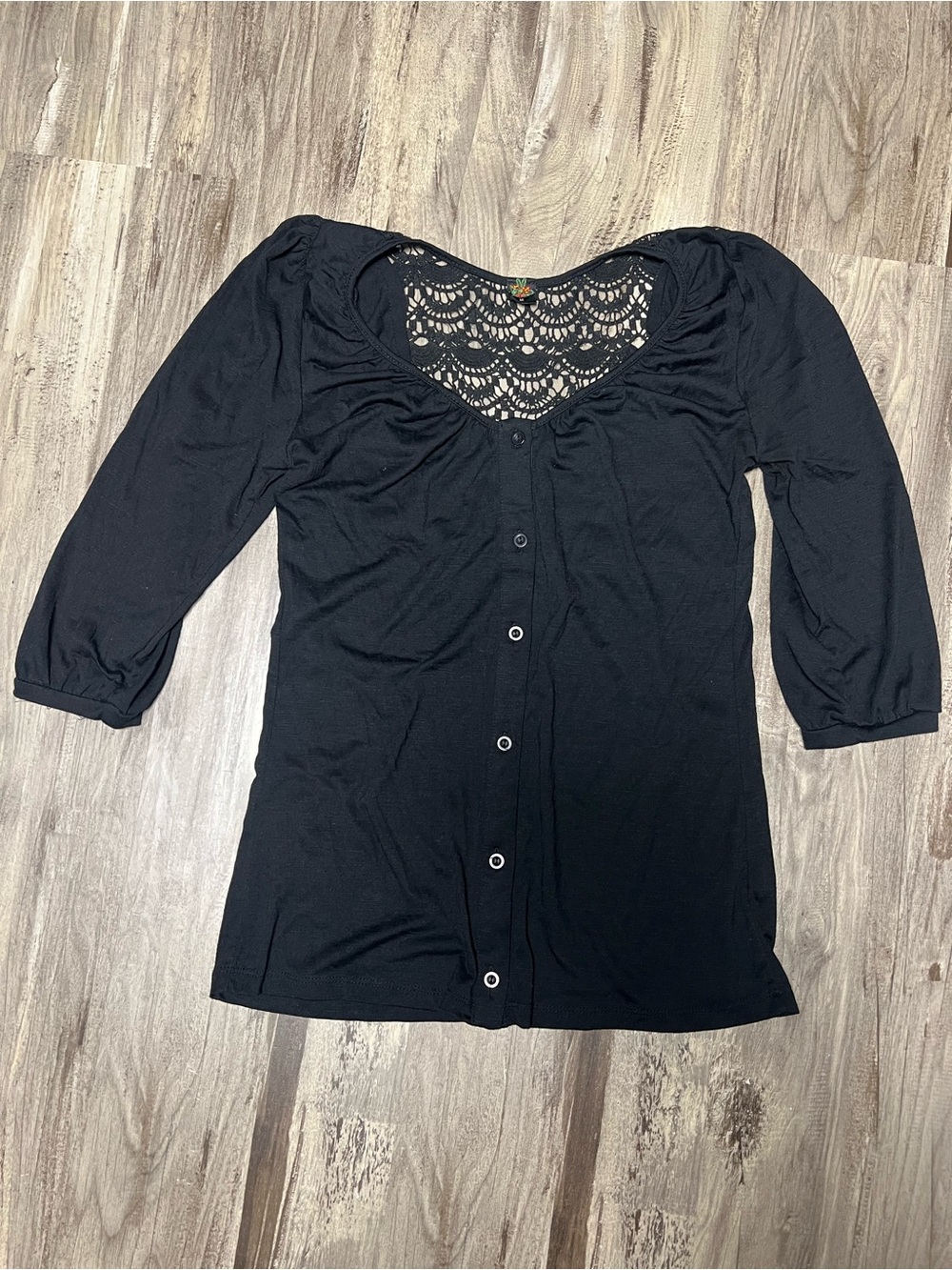 Poof Apparel Black Crochet Lace Back Button Down Top Size M
